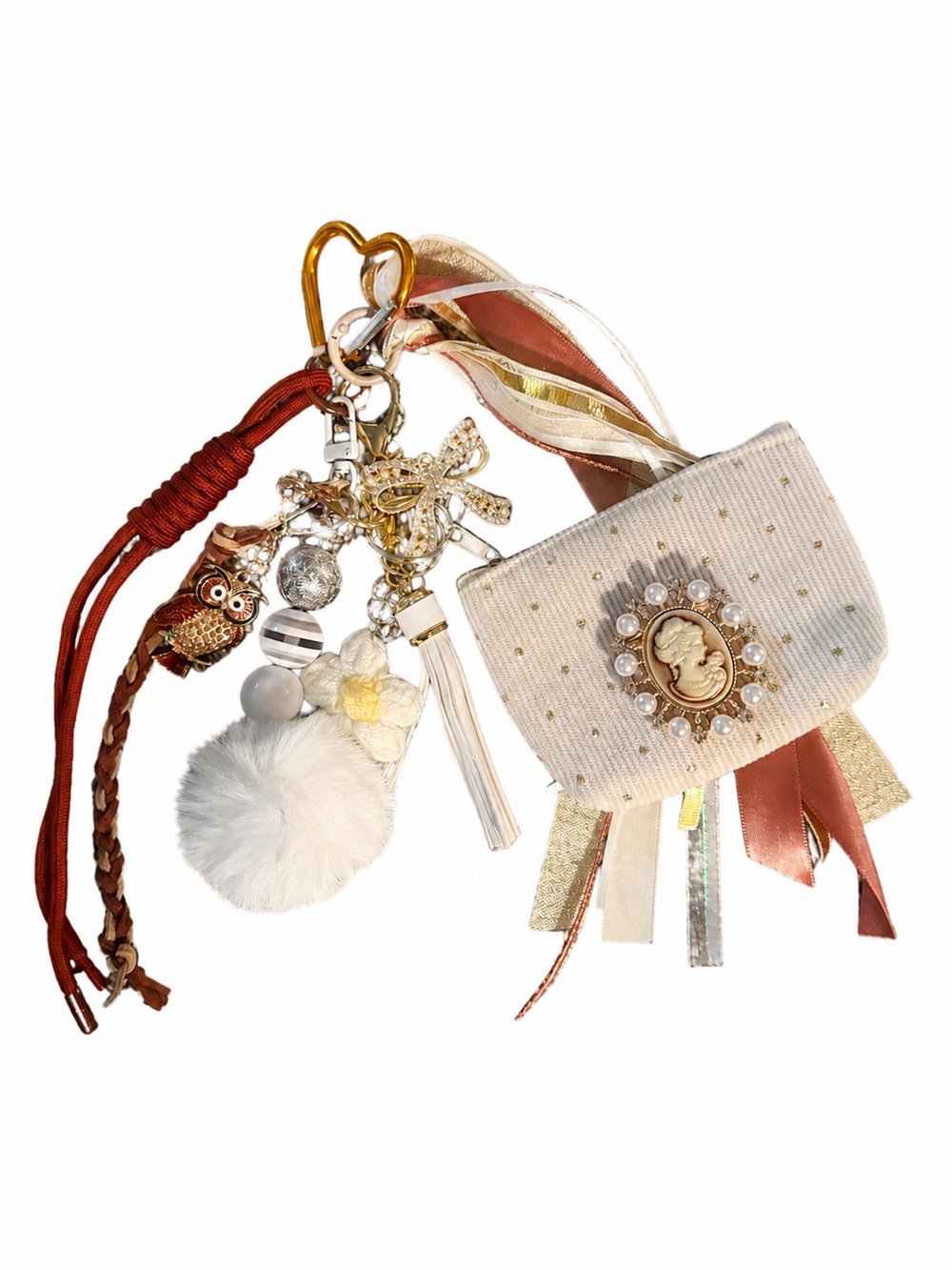 Decorative Cream Bag Charm Keychain with Pearls and Tassel